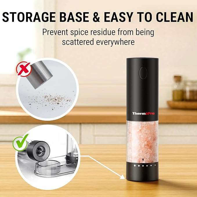 ThermoPro Electric Salt and Pepper Grinder Set Rechargeable, 110ml Automatic Pepper Grinder Shakers with 6 Levels External Adjustment, Refillable Pepper Mill Set with LED for New House Warming Gifts