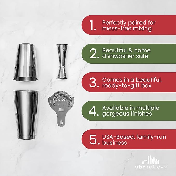 A Bar Above Cocktail Shaker Set, 4-Piece Professional Bartender Kit with Boston Shaker, Strainer, Jigger, and Bar Spoon, Stainless Steel Bar Accessories for Craft Cocktails, Gold