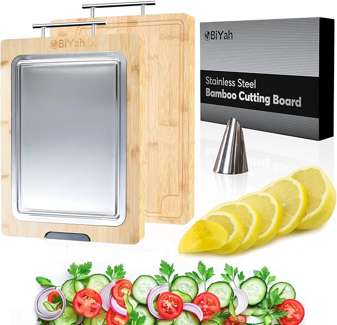 Premium 304 Stainless Steel Metal Cutting Board for Kitchen – 2 in 1 Bamboo and Steel Chopping Board for Kitchen with Juice Groove for Cutting Meat, Vegetables and Fruits - Easy Clean - 17.1”x12”