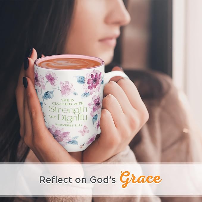 Christian Art Gifts Inspirational Ceramic Coffee & Tea Mug for Women: Strength & Dignity Encouraging Bible Verse Proverb, Microwave & Dishwasher Safe Drinkware, White, Pink & Fuchsia Floral, 12 oz.