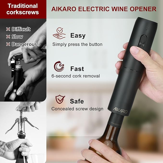 AIKARO - Electric Wine Bottle Opener Automatic Corkscrew, Rechargeable (Set A)