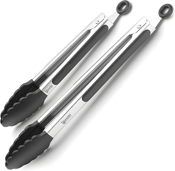 Kitchen Tongs for Cooking with Silicone Tips by Boxiki Kitchen, BPA Free Stainless Steel set of 2 Silicone Tongs for Cooking, Grilling & Toss a Salad, Heat Resistant Grill Tongs for Serving Food.