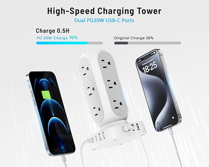 Flat Plug Power Strip Tower 10FT, 40W Total Fast Charging Station, Dual PD 20W USB-C Surge Protector with 12 AC Outlets and 8 USB Ports (4 USB C), Long Extension Cord for Home Office Dorm Room