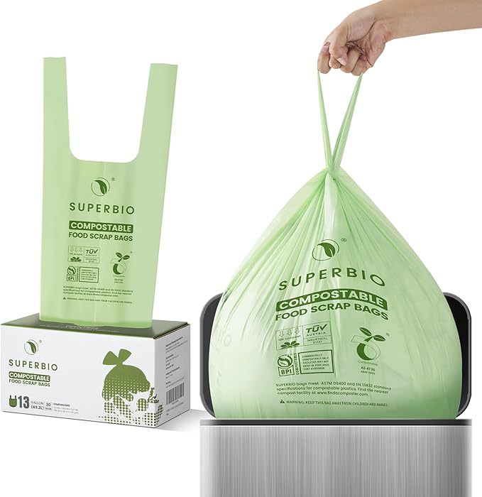 SUPERBIO 13 Gallon Compostable Kitchen Waste Bags with Handles, Food Scrap Bags Certified by BPI, OK compost INDUSTRIAL, 30 Count, 49.2L
