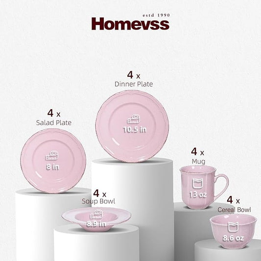 20pc Dinnerware Set, Plate and Bowl Set, Stoneware Dishes Set for 4, Microwave and Dishwahser Safe, Scratch Resistant, French Countryside Speckled Antique Pink