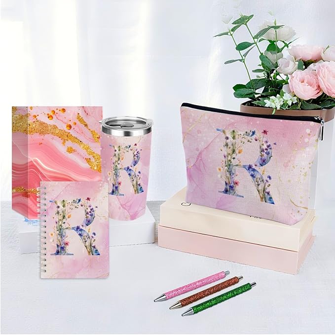 Personalized Gifts Monogrammed Birthday Gifts for Women, New Mom, Grandma Thank You Christmas, Initial 20 oz Tumbler, Makeup Cosmetic Bag Cup Pens Journal Notebook 6 Set, (Aesthetic Pink Flower R)