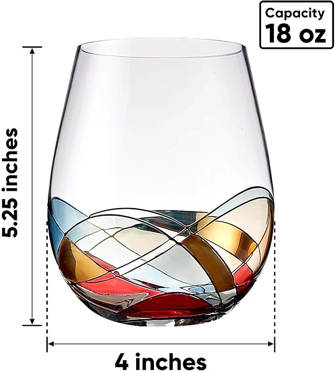 Bezrat Stemless Wine Glasses Set of Two | Hand Painted Large Premium Red and White Wine glasses | Lead-Free Crystal | Essential Wine Gift | 18 Ounces (Blue)