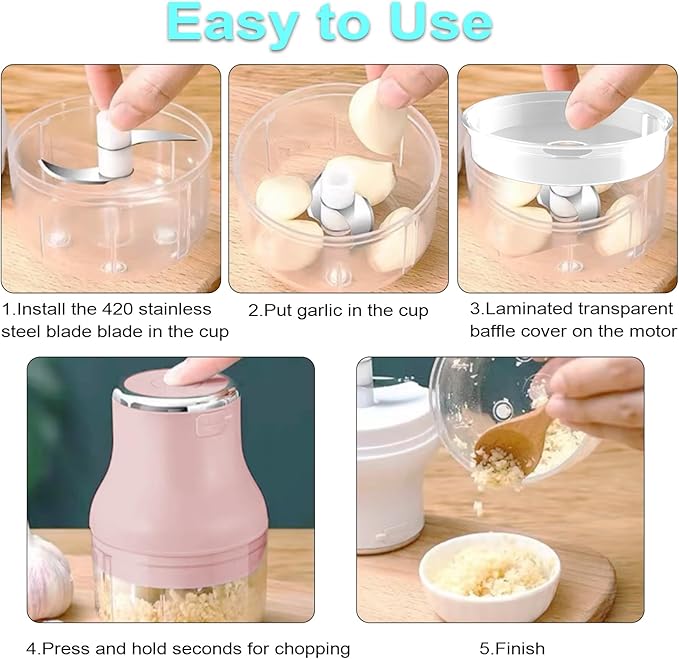 Vegetable Chopper, Electric Garlic Chopper, 250ML USB Rechargeable Mini Blender, Powerful Small Food Processor, Blender to Vegetable, Wireless Food Cutter for Ginger, Chili, Fruit, Meat, etc(Pink)
