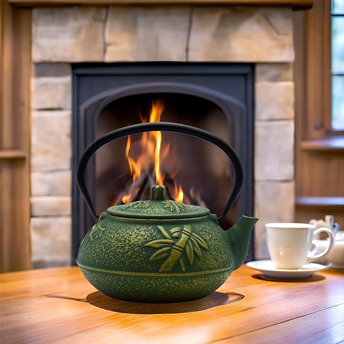900ml Small Cast Iron Tea Kettle, SECHUDO Teapot Coated with Enameled Interior for Stovetop, Japanese Green Tea Pot with Stainless Steel Strainer for Loose Leaf, Pine,Bamboo and Plum Pattern(30.4oz)