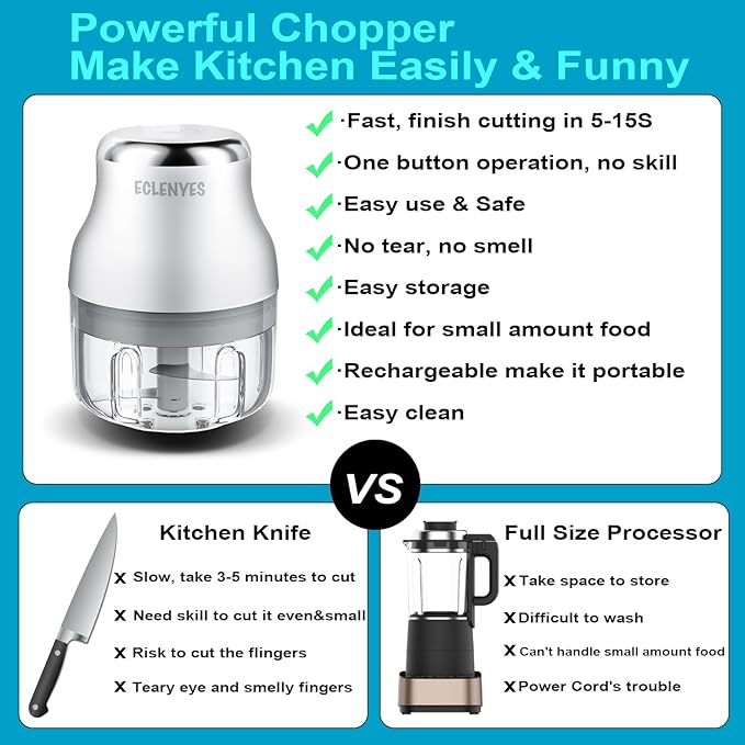 Vegetable Chopper, 100ML Electric Garlic Chopper, USB Rechargeable Mini Blender, Powerful Small Food Processor, Blender to Vegetable, Wireless Food Cutter for Ginger, Chili, Fruit, Meat, etc