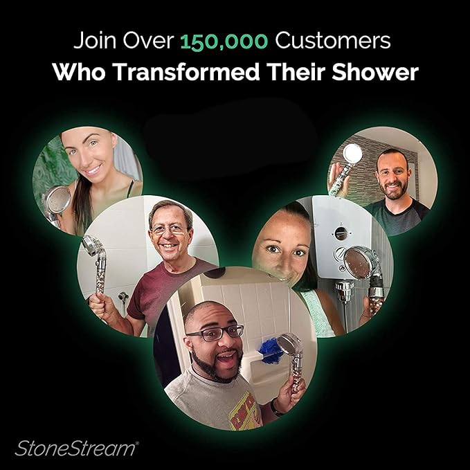 Original StoneStream EcoPower High Pressure Handheld Shower Head with ON OFF switch- 3 Spray Settings with Hose, Wall Adapter and Replacement Beads
