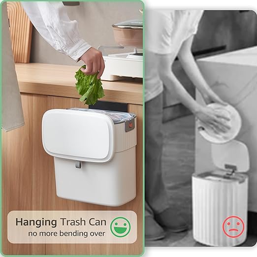 Hanging Trash Can with Lid, 2.3 Gallon Kitchen Garbage Bin Food Waste Container Convenient Durable Over Cabinet Door RV Counter Camping Cupboard Under Sink Compost Bathroom Wall Mounted