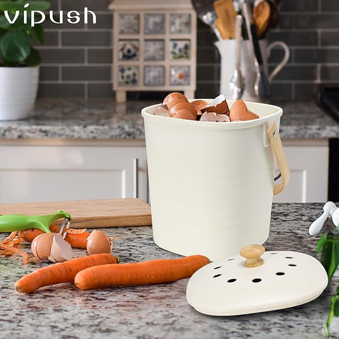 Vipush Bamboo Fiber Compost Bin with Lid Small Countertop Compost Bin Includes Charcoal Filter, Beige