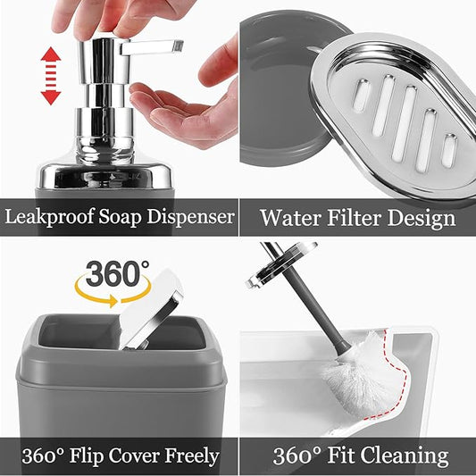 Grey Bathroom Accessories Sets Complete, 9-Piece Bathroom Accessories with Trash Can, Vanity Tray, Soap Dispenser, Soap Dish, Toothbrush Holder, Toothbrush Cup, Toilet Brush and Qtip Holders
