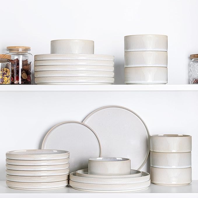 TheTerra Ceramic Dinnerware Sets for 8, 24 Pieces Porcelain Lightweight Plates and Bowls Sets, Scratch Resistant Dish Set, Oven & Microwave & Dishwasher Safe, Reactive White