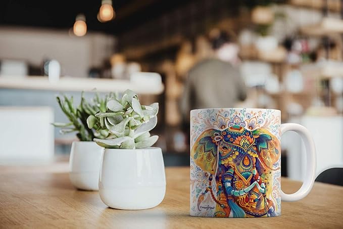 MUGBREW Watercolor Indian Boho Elephants Ceramic Coffee Mug Tea Cup, 11 OZ