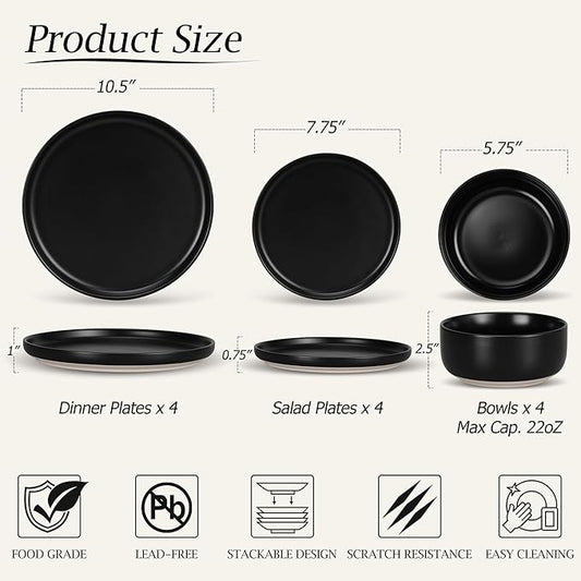 LIANYU Stoneware Dinnerware Sets for 4, 12 Piece Plates and Bowls Set, Ceramic Dishware Dishes for Dining, Scratch Resistant Kitchen Porcelain Plates, Microwave & Dishwasher Safe, Matte Black