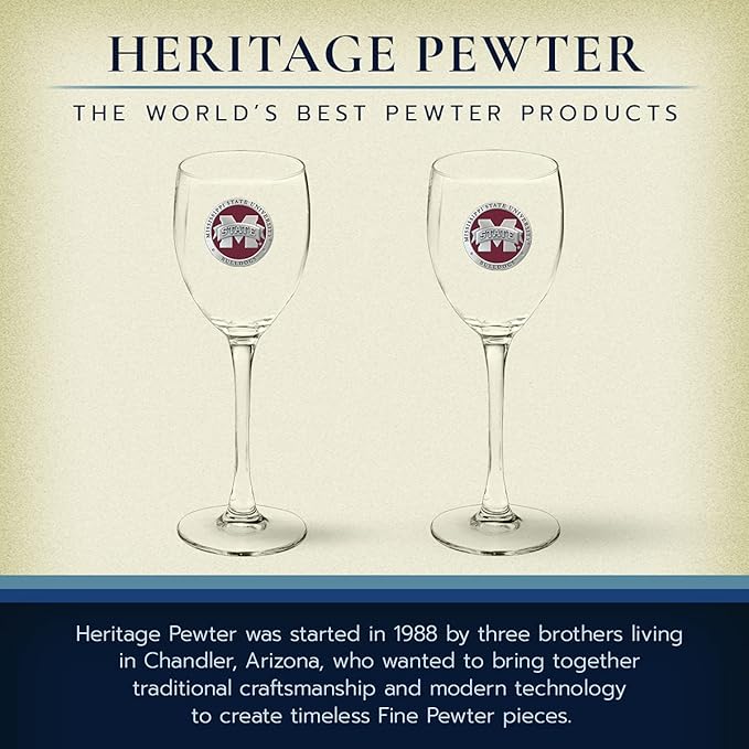 Heritage Pewter Mississippi State Bulldogs Glass Goblets β Set of 2 | 12 OZ Goblet Wine Glasses | Expertly Crafted Pewter Glass