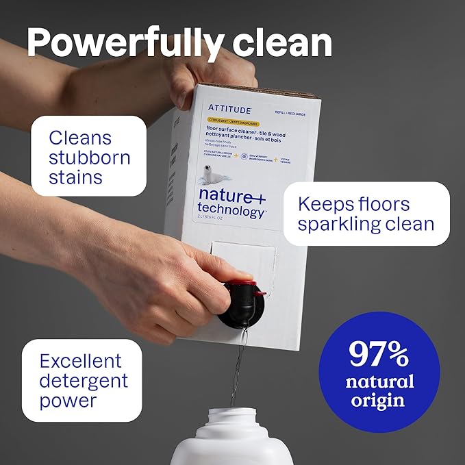 ATTITUDE Floor Cleaner Refill, EWG Verified, Streak-Free, Vegan & Plant-Based for Tile, Wood & Laminate Floors, Citrus Zest Scent, 67.6 Fl Oz (Pack of 4)