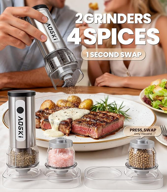 Electric Salt and Pepper Grinder Set: 2 Grinder + 4 Replaceable Jars - Stainless Steel & Separate Hoppers - For Gourmet Sessions - Prevents Spice Mixing for Foodies (2 Grinder + 4 Jars)