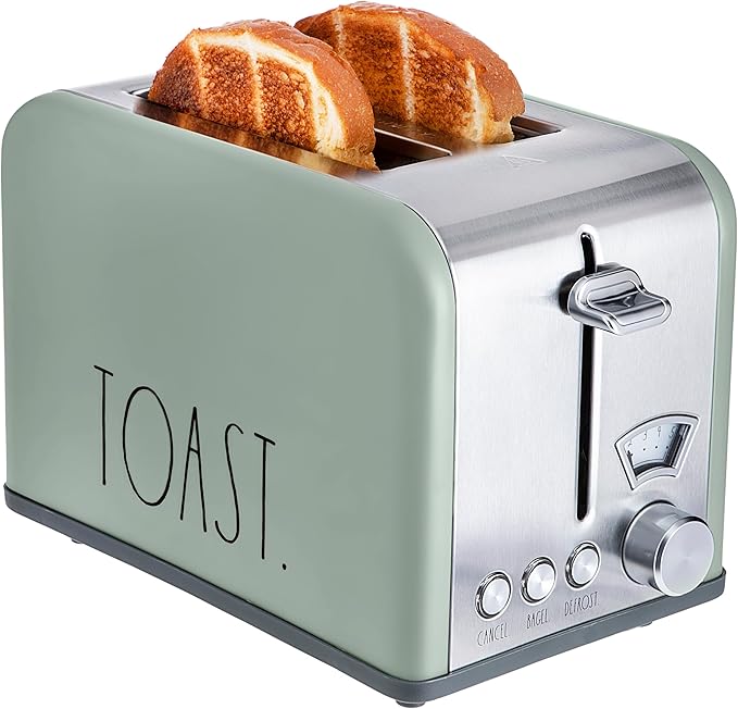 Rae Dunn Toaster, Stainless Steel 2 Slice Square Toaster, Wide Slot with 5 Browning Levels, with Bagel, Defrost and Cancel Options (Sage)