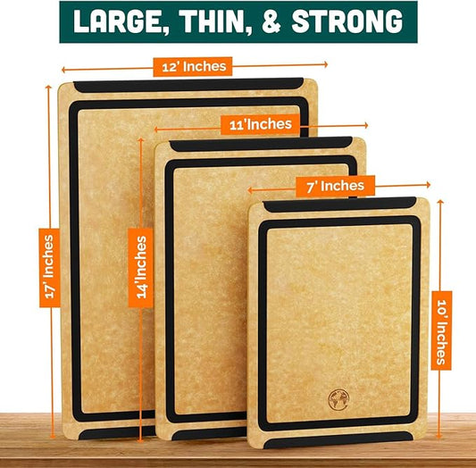 Earth’s Dreams Wood Cutting Board Set 3-Piece: Small, Large & Extra Large - Charcuterie Board, Non-Plastic, Non-Toxic, Heavy-Duty, Dishwasher Safe (Tan/Black)