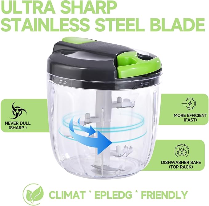 Manual Food Processor Vegetable Chopper, Portable Hand Pull String Garlic Mincer Onion Cutter for Veggies, Ginger, Fruits, Nuts, Herbs, etc., (900ml,Gray-green)