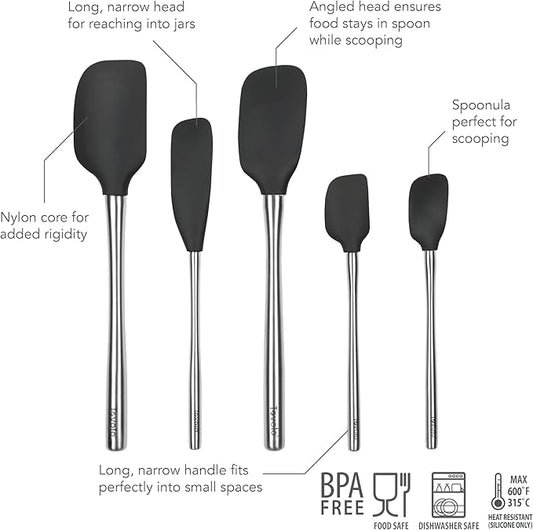 Tovolo 5-Piece Stainless Steel & Silicone Spatula Set (Black): Standard & Mini Spatulas, Spoonulas, and Jar Scraper