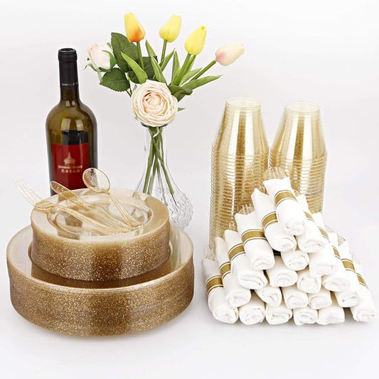 DaYammi 350 Pieces Gold Glitter Dinnerware Set 50 Guest for Party Christmas Plates Disposable - 50 Dinner Plates, 50 Dessert Platos -50 Per Rolled Napkins with Gold Cutlery -50 Disposable Cups 9 OZ