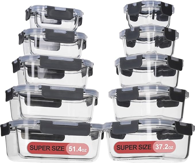 Glass Food Storage Containers with Lids Airtight, Glass Meal Prep Containers for Lunch Food, Container Set, Easy to Open& Close/Microwave,Oven,Freezer,Dishwasher Safe/Leak-Proof(20 Pieces)