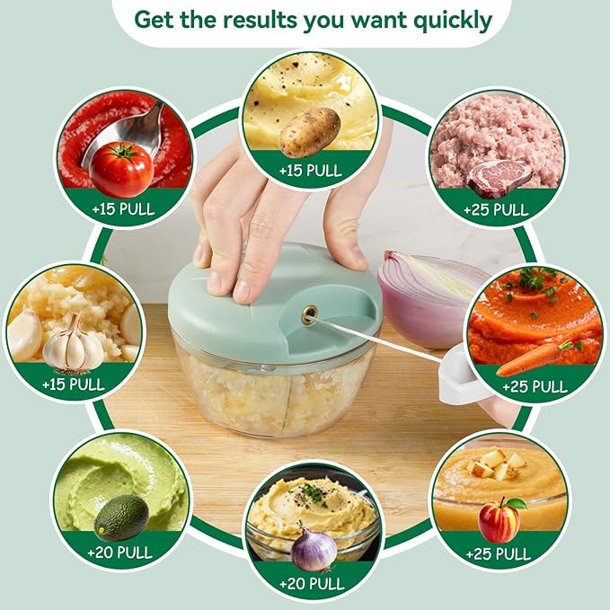 Manual Food Processor Vegetable Chopper, Portable Hand Pull String Garlic Mincer Onion Cutter for Veggies, Suitable for Vegetables, Ginger, Garlic, Fruits, Onion, Potato, Salad (Green 500 ml)
