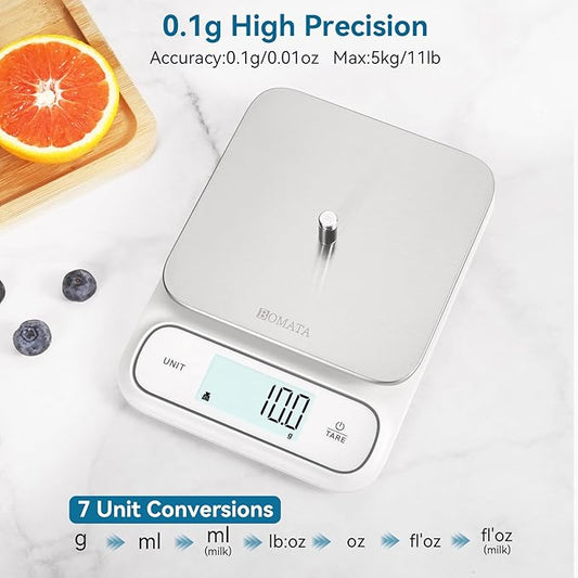BOMATA Waterproof IPX6 Kitchen Scale, 0.1 g/0.01 oz High Precision, 5 kg/11 lbs, Digital Scale with Backlight, Stainless Steel Weighing Platform, for Food, Cooking, Baking, Weight Loss.. B619, Milky