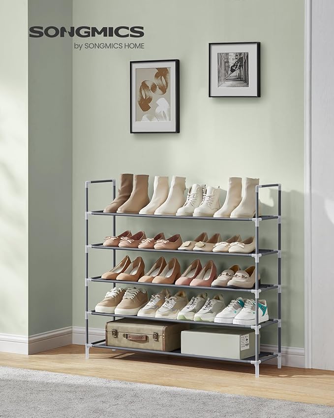 SONGMICS 5-Tier Shoe Rack, Shoe Storage for Hallway Closet, Slim and Space-Saving, Metal Frame, Non-Woven Fabric Shelves, Grey ULSH055G01V1