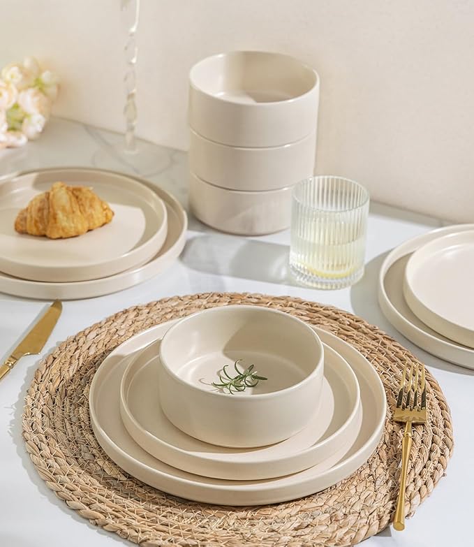 TheTerra Ceramic Dinnerware Sets for 6, 18 Pieces Handmade Reactive Glaze Plates and Bowls Set, Scratch Resistant Dish Set, Oven & Microwave & Dishwasher Safe, Ice Cream