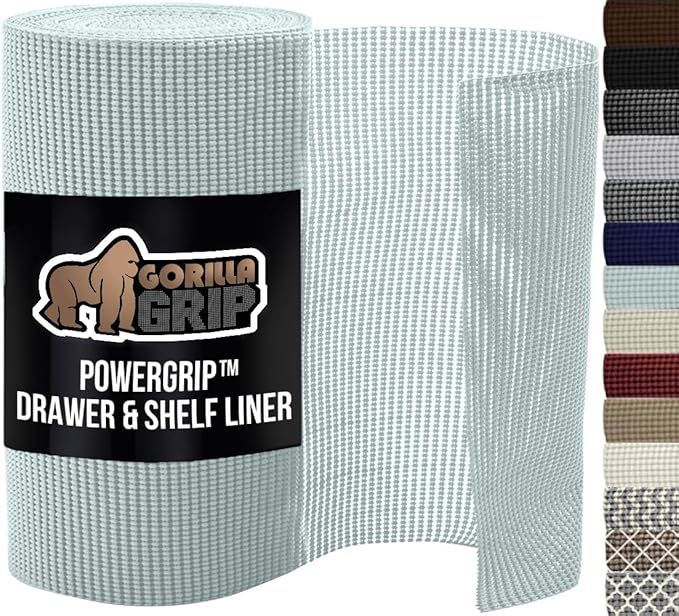 GORILLA GRIP powerGRIP Drawer Shelf and Cabinet Liner, Thick Strong Hold, Non-Adhesive Liners Protect Kitchen Cabinets and Cupboard, Bathroom Drawers, Easy Install, Breathable Mat, 12" x30', Spa Blue