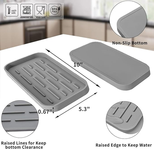 Silicone Kitchen Sink Organizer Tray for Multiple Usage,Eco-Friendly Sponges Holder for Kitchen Bathroom Counter or Sink,Dish Soap Dispenser,Scrubber,Bottle,Cup (Grey, 10"Γ5.3")