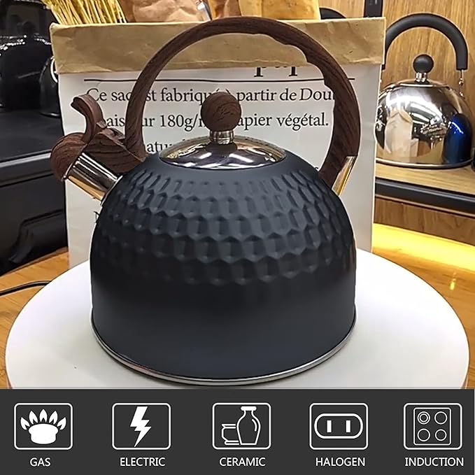 Vilihkc Whistling Stainless Steel Tea Kettle with Wood Grain Anti Heat Handle,2.6 Quart/2.5 Liter Stainless Steel Tea Kettles,Loud Whistling for Tea,Coffee,Gas Electric Applicable