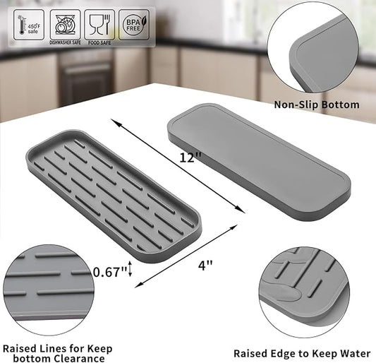 Silicone Kitchen Sink Organizer Tray for Multiple Usage,Eco-Friendly Sponges Holder for Kitchen Bathroom Counter or Sink,Dish Soap Dispenser,Scrubber,Bottle,Cup (Grey, 12"Γ4")