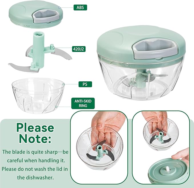 Manual Food Processor Vegetable Chopper, Portable Hand Pull String Garlic Mincer Onion Cutter for Veggies, Suitable for Vegetables, Ginger, Garlic, Fruits, Onion, Potato, Salad (Green 500 ml)