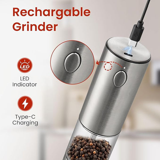 Electric Salt and Pepper Grinder Rechargeable with Light, Electric Salt and Pepper Shakers, Automatic & Adjustable Coarseness, Kitchen Gadgets, Stainless Steel