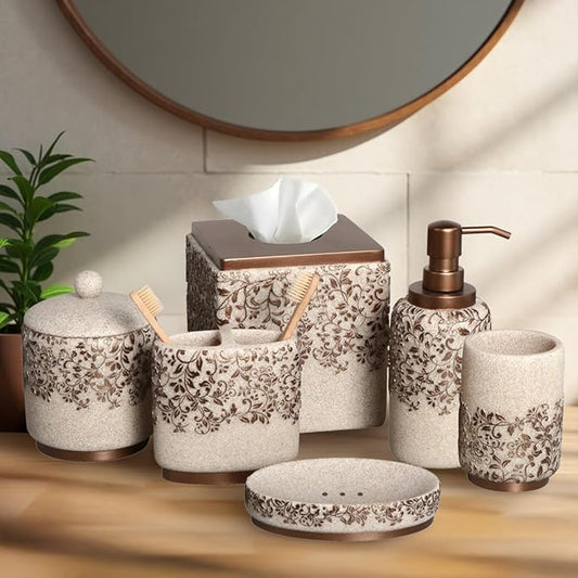 Decozen Bathroom Accessories Set 6Pcs – Soap Dispenser, Toothbrush Holder, Tumbler, Soap Dish & Cotton Swab Jar – Modern Bathroom Decor, Bath Set for Christmas Decor