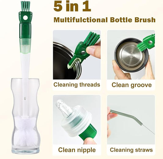 XYFuuee 5 Pack Dish Bottle Brush Set with 5-in-1 Cup Cleaning Brush, Dish Scrub Long Handle Brush with Scraper Tip, 3 Straw Cleaner Brushes for Stanley, Washing Kitchen Sink Pot Pan Water Bottle Stove