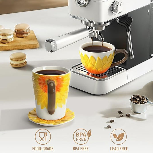 Ceramic Coffee Mug Set of 2-Sunflower Coffee Cups Set Include 15 oz Large Coffee Mug,9 oz Wide Cappuccino Cup with Saucer,3D Novelty Coffee Cups for Tea,Latte,Hot Cocoa,Milk,Birthday/Christmas Gifts