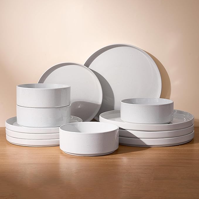 Famiware Nebula Plates and Bowls Set, 12 Pieces Dinnerware Sets, Dishes Set for 4, White