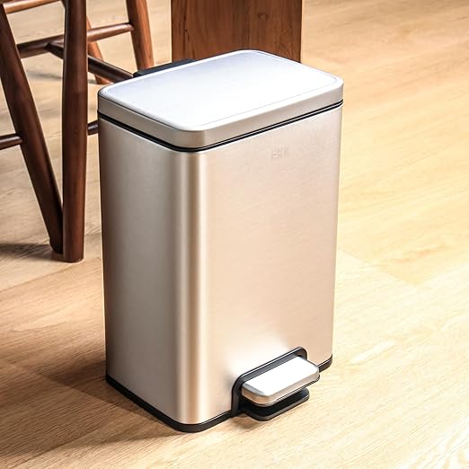 EKO Madison 12L / 3.2 Gal Bathroom Trash Can with Lid and Removable Inner Basket, Rectangular Small Step Trash Can, Brushed Stainless Steel