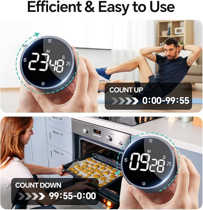 Digital Kitchen Timer, Large Display Magnetic Countdown Countup Timer, 3 Preset Times (5, 15, 25),Volume & Brightness Adjustable for Cooking Classroom Studying, Easy for Kids (Black,2Pcs)