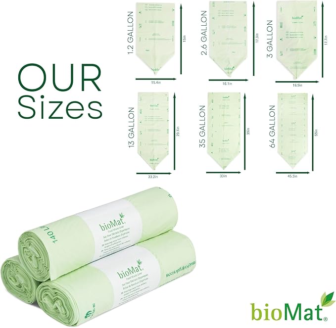 bioMat 35 Gallon Compostable Compost Liners, 10 Count, Biodegradable Trash Bags for Compost Bin, BPI ASTM D6400 and CMA Certified, Keep your Bin Clean