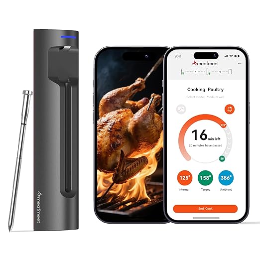 S Pro Bluetooth Wireless Meat Thermometer, 1080°F Heat, 6 Sensors, Enhanced Signal Base, EasySmart App, IP69, Ultra-Thin Probe, Digital Cooking Thermometer, Oven/Grill/BBQ/Air Fryer/Kitchen