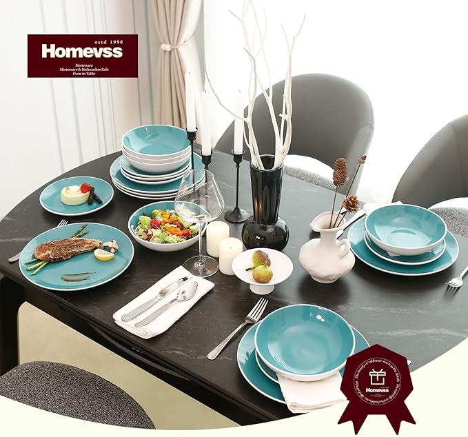 Stoneware Coupe Shape 16pc Dinnerware Set, Outside White + Inside Turquoise