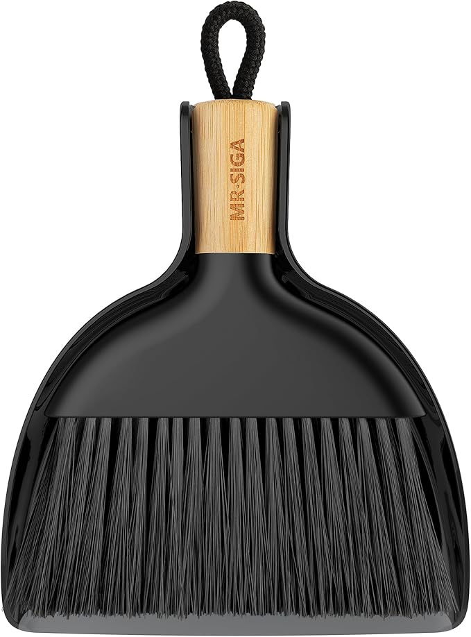 MR.SIGA Mini Dustpan and Brush Set, Portable Cleaning Brush and Dustpan Combo with Bamboo Handle, Black, 1 Set